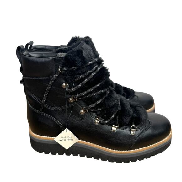 NWT Cole Haan Women's Black Zerogrand Lodge Hiker Boots Faux Fur W22582 - Picture 1 of 10